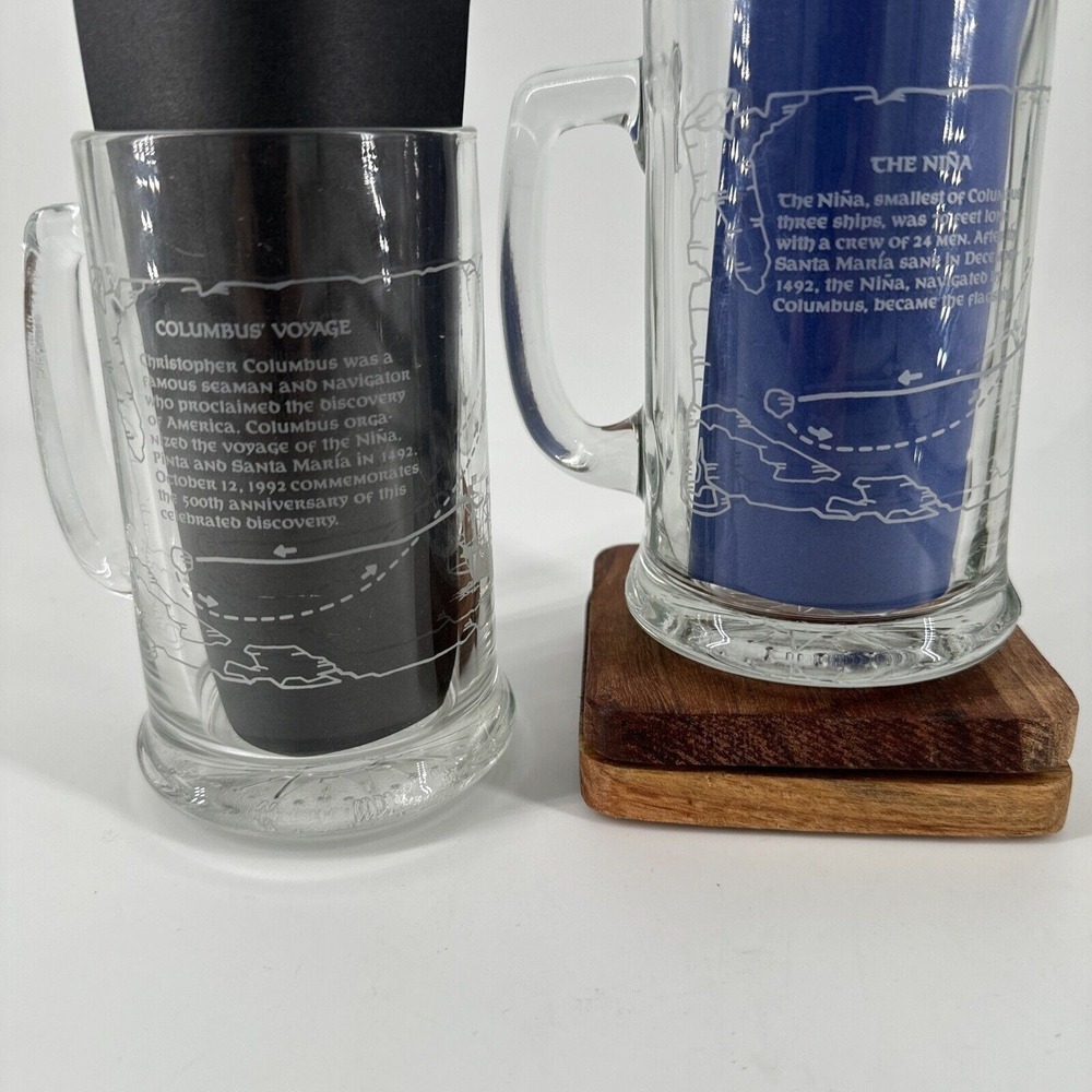 Beer Mugs‎ 2 Nautical Etched Glass "The Nina" Columbus Voyage VTG 5.5" T Barware